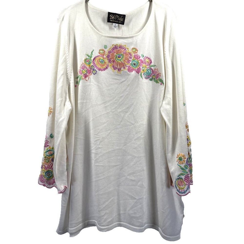 Bob Makie Wearable Art Women's Knit Top XL White Colorful Embroidered Floral 3/4